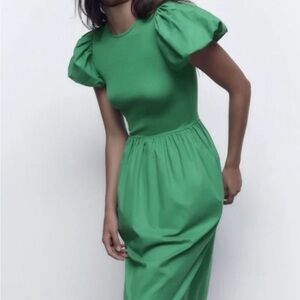 Zara Green Puff Sleeve Midi Dress